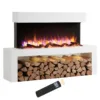 Wykeham electric fireplace with white mantel, log-store base and LED flame effect, shown with remote control.