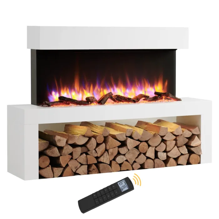 Wykeham electric fireplace with white mantel, log-store base and LED flame effect, shown with remote control.