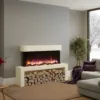 Wykeham electric fireplace with modern white surround, realistic LED flame effect, and decorative log storage, styled in a contemporary living room.