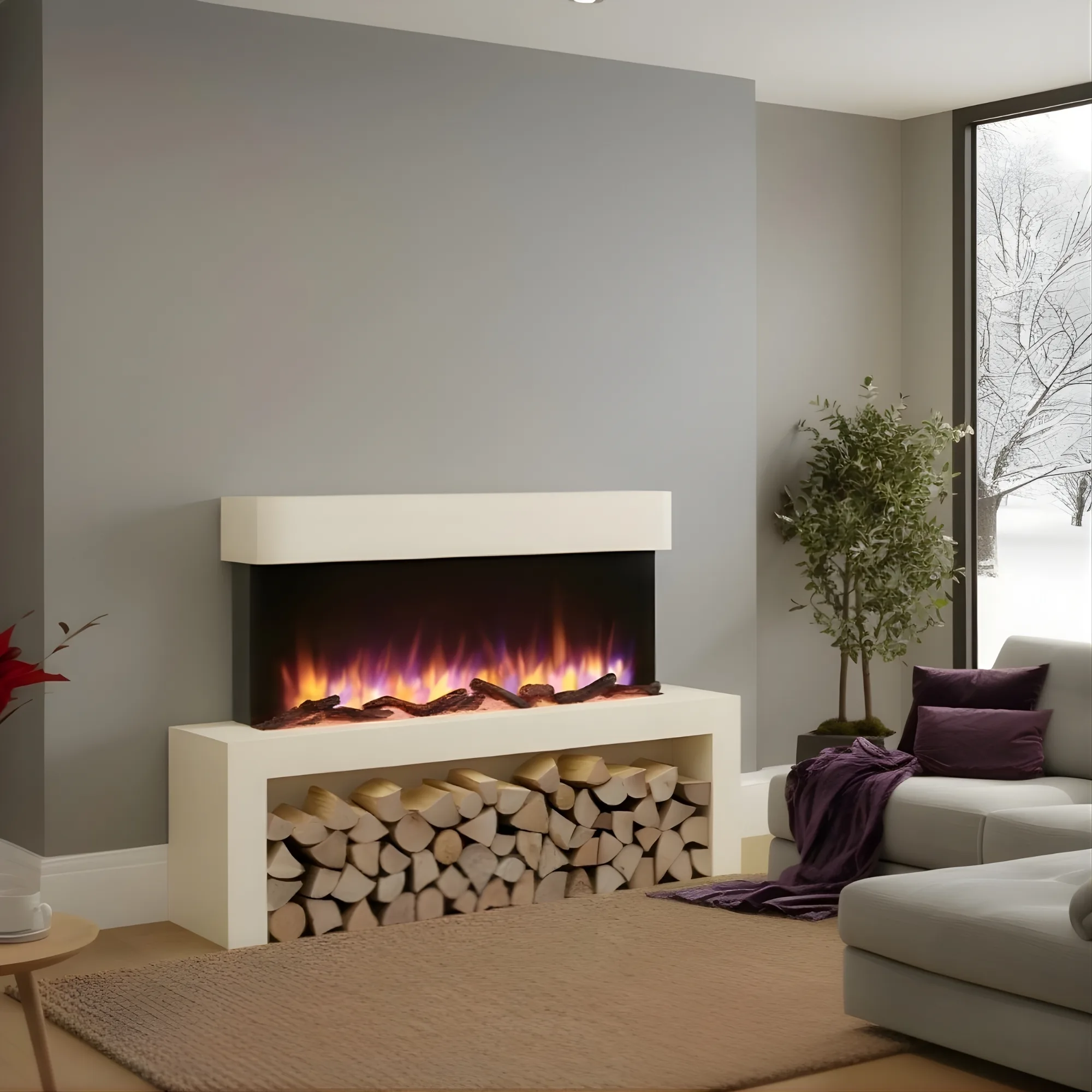 Wykeham electric fireplace with modern white surround and realistic LED flame effect