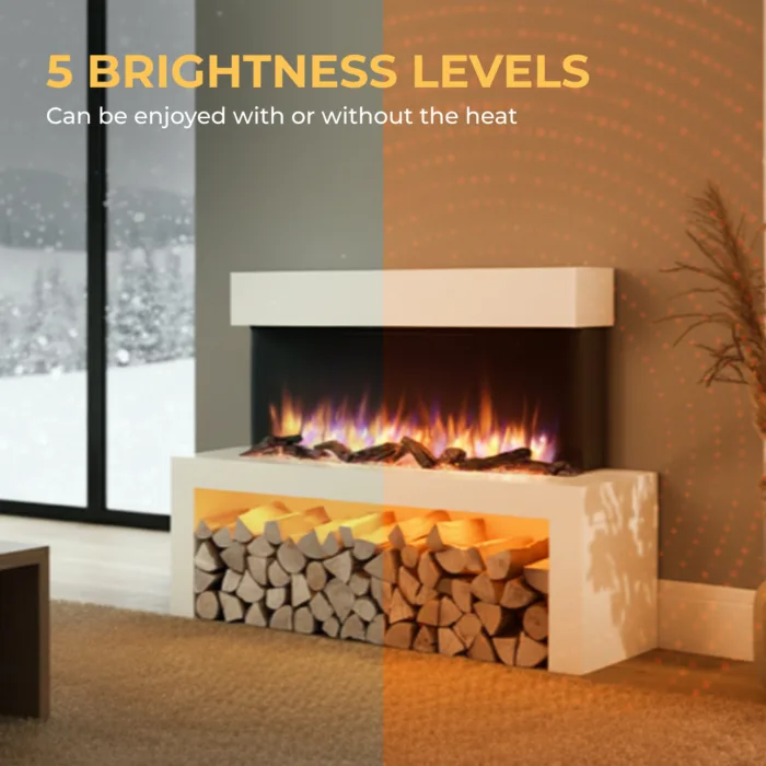 Wykeham electric fireplace showing 5 brightness levels with or without heat in a warm modern room.
