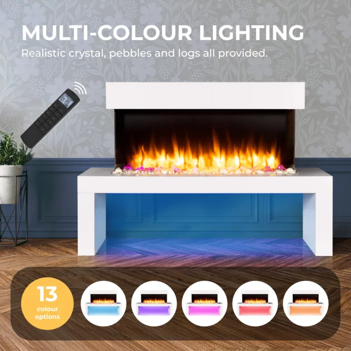 Wykeham electric fireplace with 13 LED mood lighting colour options and crystal, pebble and log fuel bed.