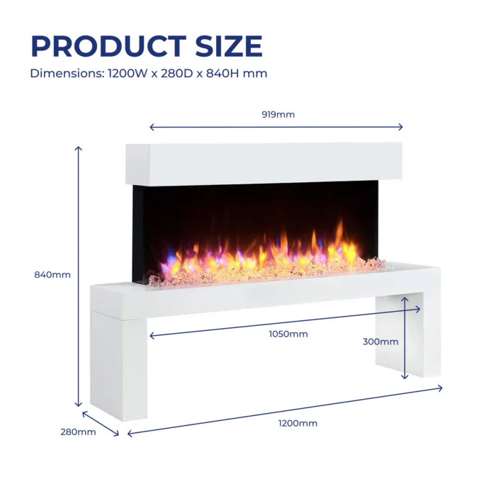 Wykeham electric fireplace dimensions shown: 1200mm width, 280mm depth, 840mm height.