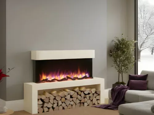 Wykeham electric fireplace with modern white surround, realistic LED flame effect, and decorative log storage, styled in a contemporary living room.
