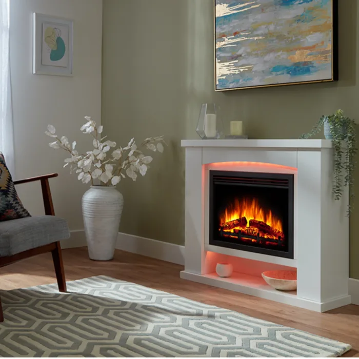 Ebberston electric fireplace suite with white surround, mood lighting and realistic flame effect