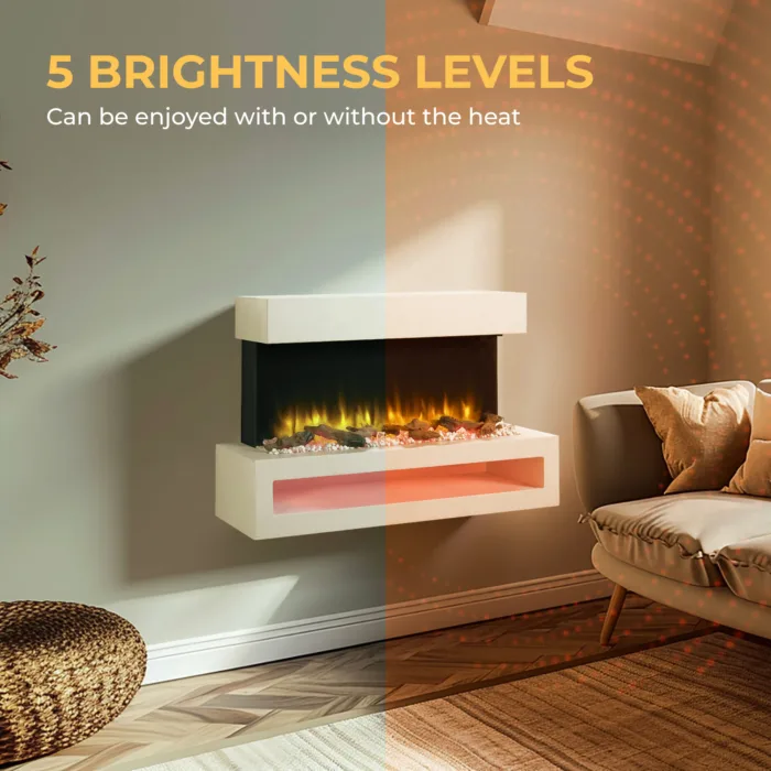 Fenwick wall mounted electric fireplace showing 5 flame brightness levels in a modern living room