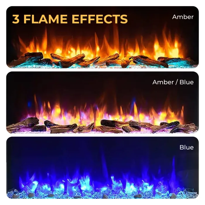 Wall mounted electric fire displaying three flame effects: amber, amber blue mix, and blue