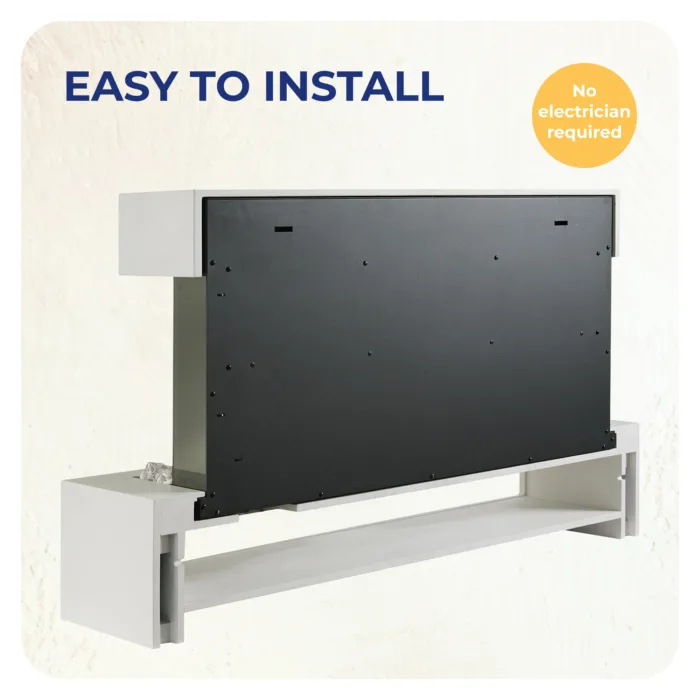 Fenwick wall mounted electric fire rear panel showing easy installation with no electrician required.