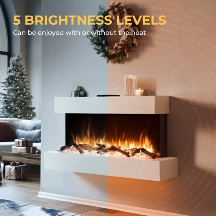 Runswick wall mounted electric fireplace showing 5 flame brightness levels in a modern living room