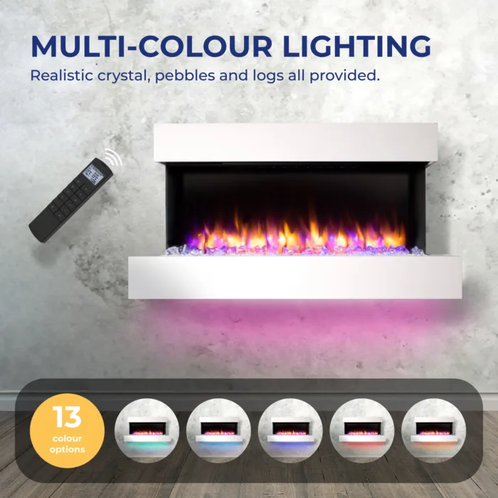 unswick wall mounted electric fire with 13 LED mood lighting colour options and crystal fuel bed