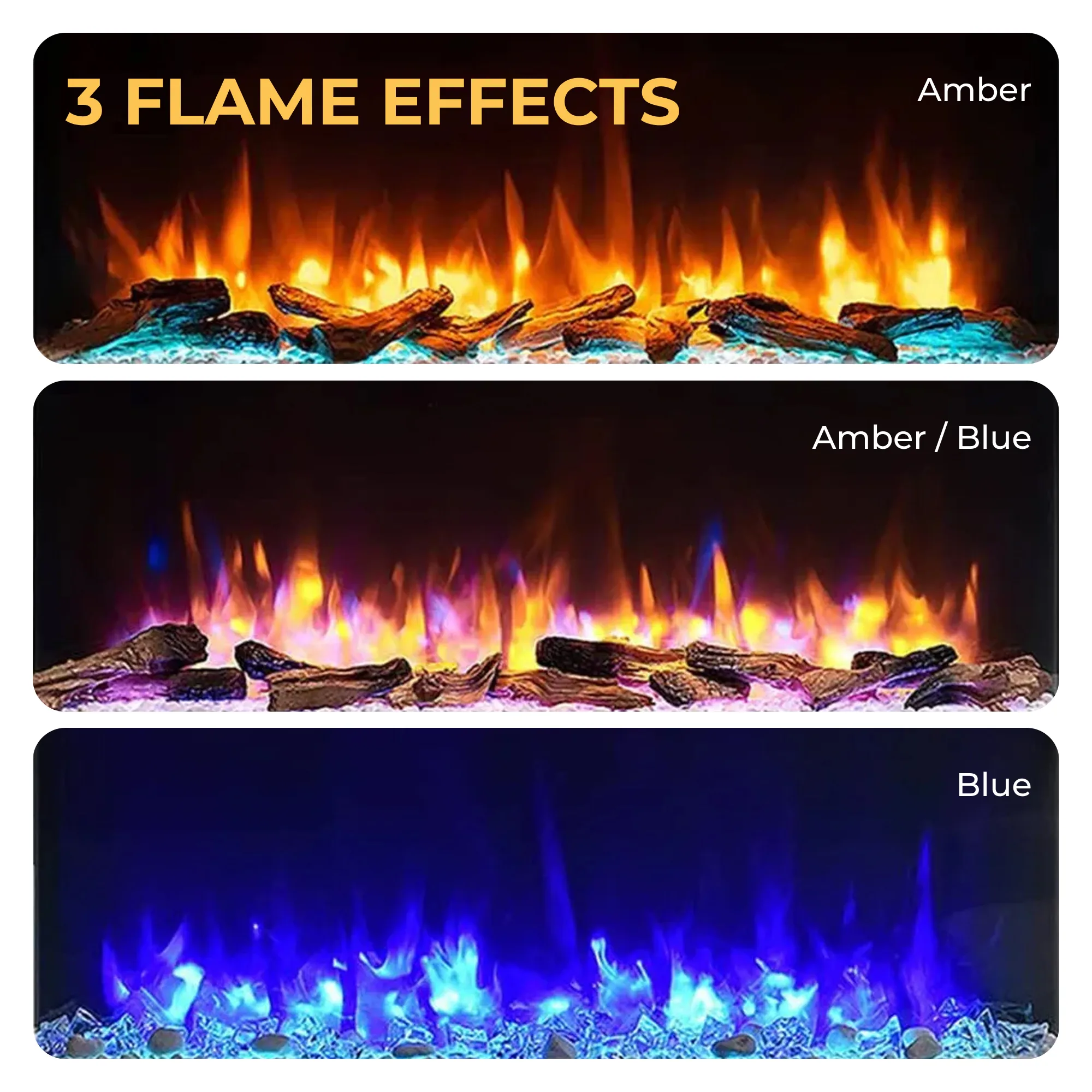 Runswick electric fire displaying three flame effects: amber, amber blue mix, and blue.