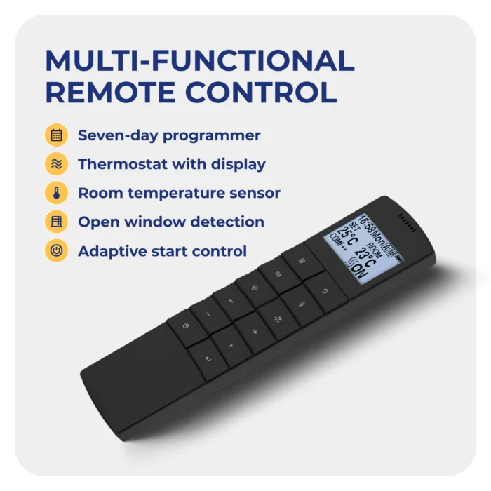 Runswick electric fire seven-day programmable LCD remote control with thermostat and room sensor