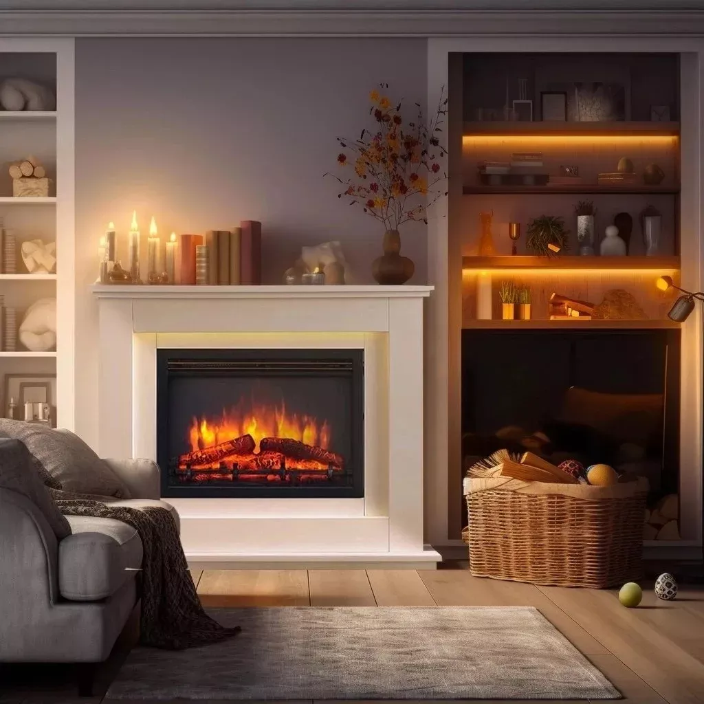 Castleton electric fireplace with realistic log flame effect and warm ambient lighting, set in a cosy cottage-style living room with built-in shelving