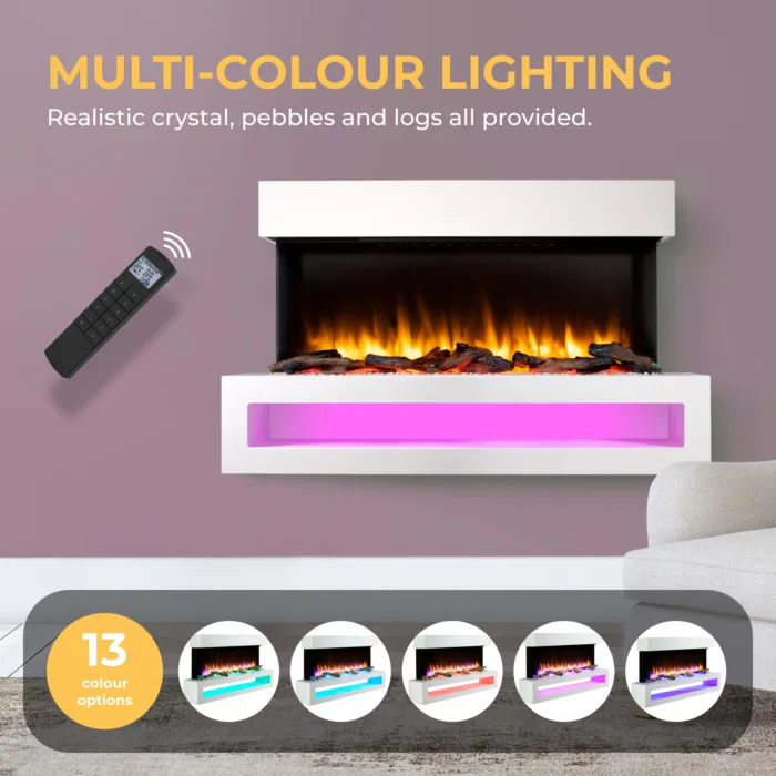 Fenwick wall mounted electric fire with 13 LED mood lighting colour options and crystal fuel bed.
