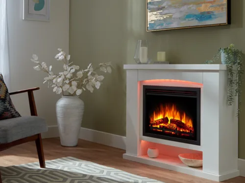 Ebberston electric fireplace with white surround, warm mood light with realstic flame effect