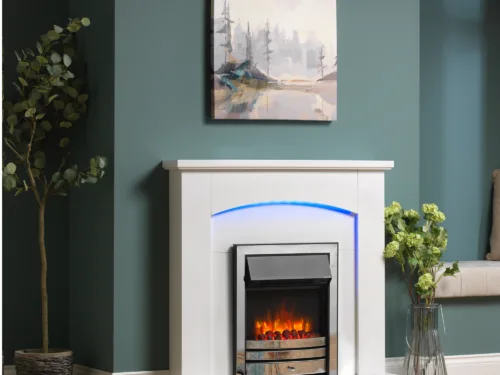 Cayton electric fire and surround with a white mantel and chrome inset electric fire, featuring a realistic flame effect and LED mood lighting.