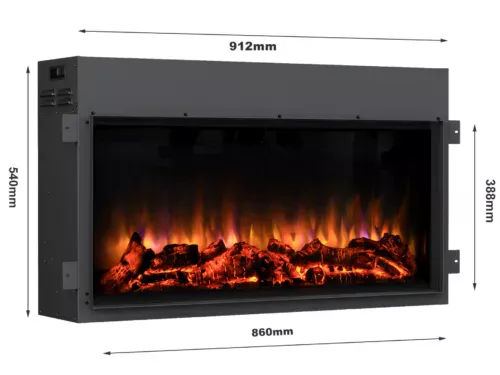 Danby inset log effect electric fire with realistic flame display and glowing ember bed, modern glass-fronted design