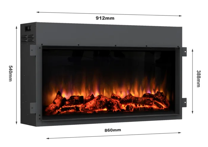 Danby inset log effect electric fire with realistic flame display and glowing ember bed, modern glass-fronted design