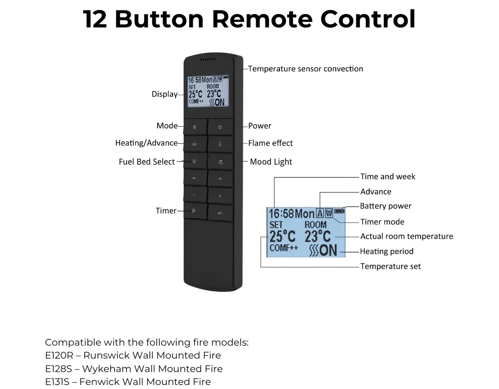 12 Button Electric Fire Remote Control | Endeavour Fires