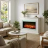 Danby electric fireplace suite in a bright, cosy living room with a white mantel, realistic glowing flame effect