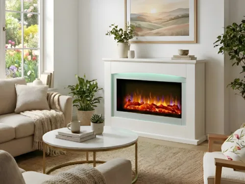Danby electric fireplace suite in a bright, cosy living room with a white mantel, realistic glowing flame effect