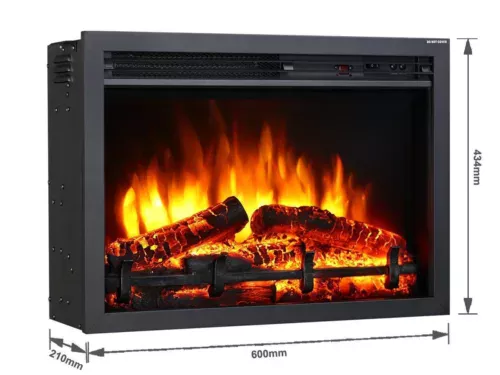 Modern inset electric fire with realistic LED flame effect, full remote control, 1kW and 2kW heat settings, thermostat, and 7-day programmable timer.