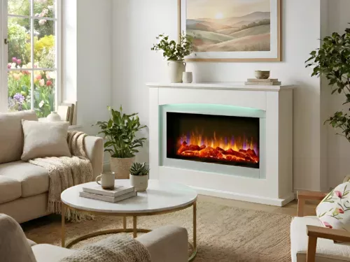 Danby electric fireplace suite in a bright, cosy living room with a white mantel, realistic glowing flame effect