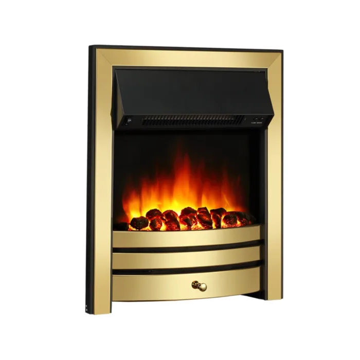 Roxby Brass Inset Electric Fire with realistic glowing coal bed and adjustable flame effect, featuring classic brass trim and fret design.