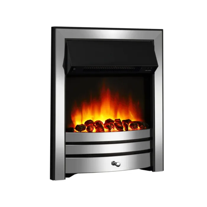 Roxby Chrome Inset Electric Fire with realistic glowing coal bed and adjustable flame effect, featuring classic brass trim and fret design.