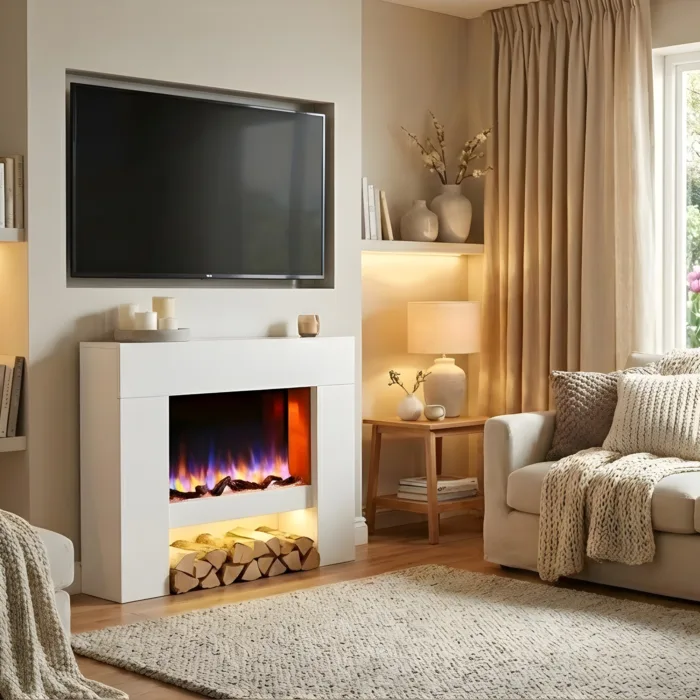 Staxton electric fireplace suite with white surround and realistic LED flame effect, built-in log store and wall-mounted TV above in a cosy neutral living room setting.