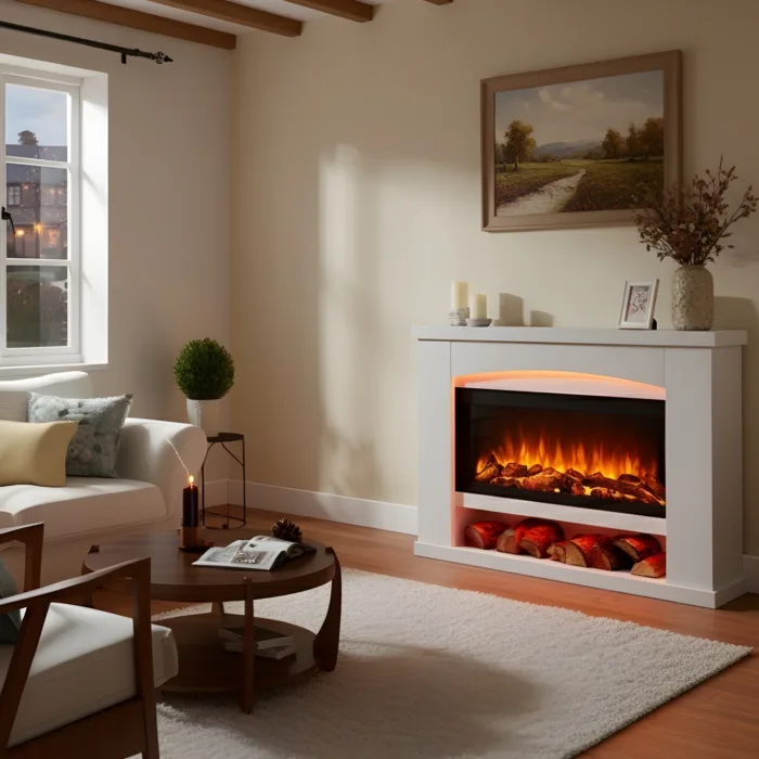 Duggleby electric fireplace suite in a cosy British living room, featuring a white mantel, realistic glowing flame effect, decorative log storage below, soft neutral furnishings, and warm ambient lighting.