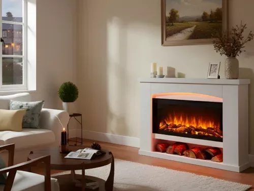 Duggleby electric fireplace suite in a cosy British living room, featuring a white mantel, realistic glowing flame effect, decorative log storage below, soft neutral furnishings, and warm ambient lighting.