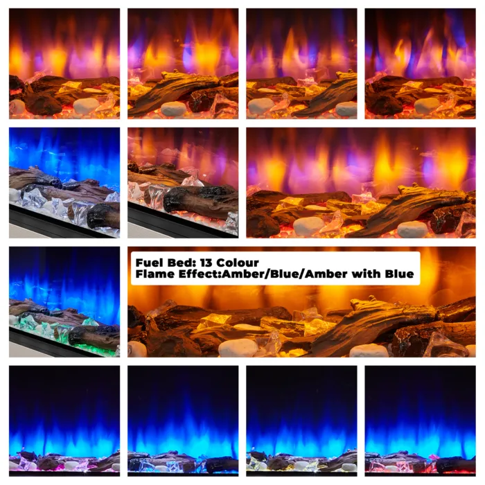 Electric fire flame and fuel bed display with 13 LED colour options and three flame effects: amber, blue, and amber with blue