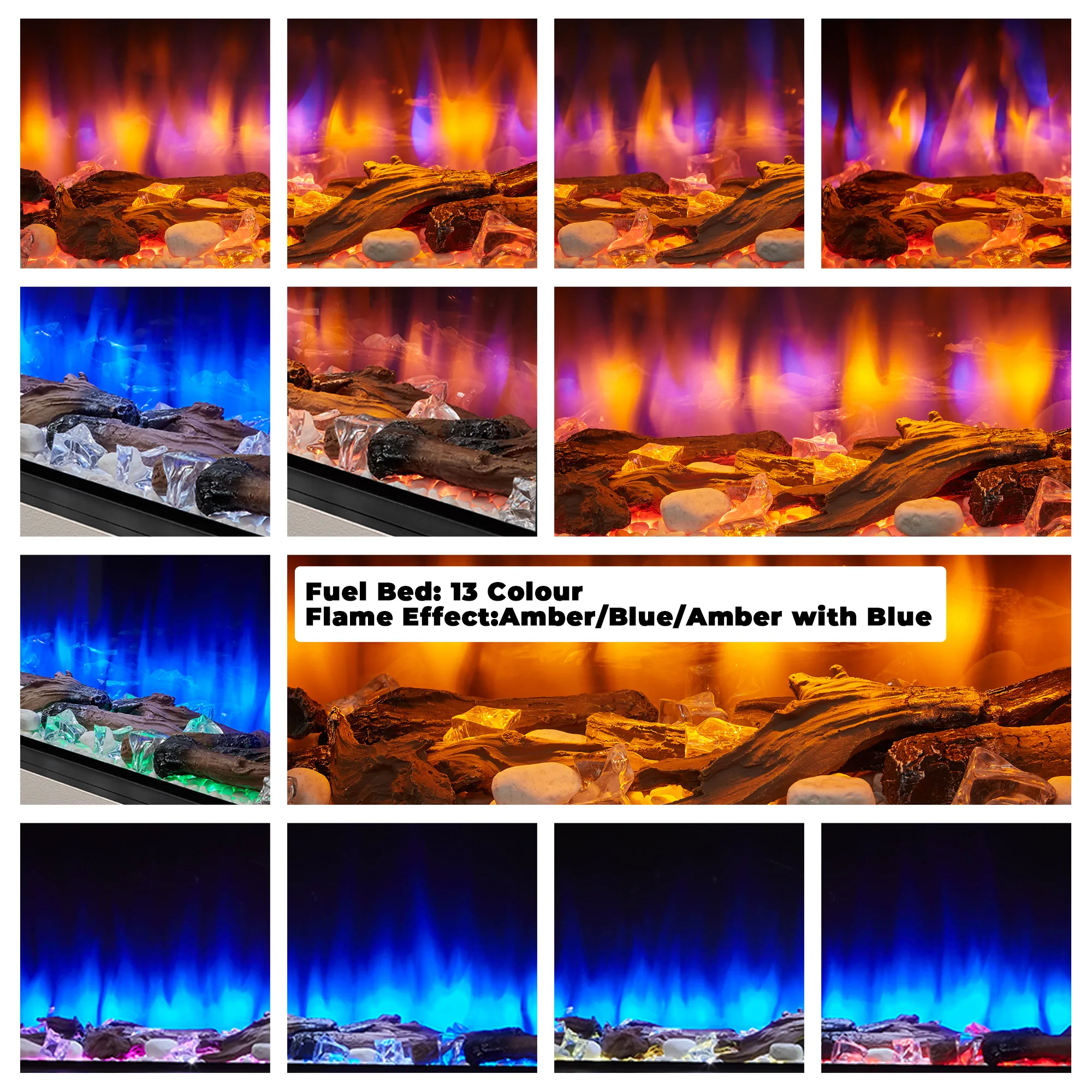 Electric fire flame and fuel bed display with 13 LED colour options and three flame effects: amber, blue, and amber with blue