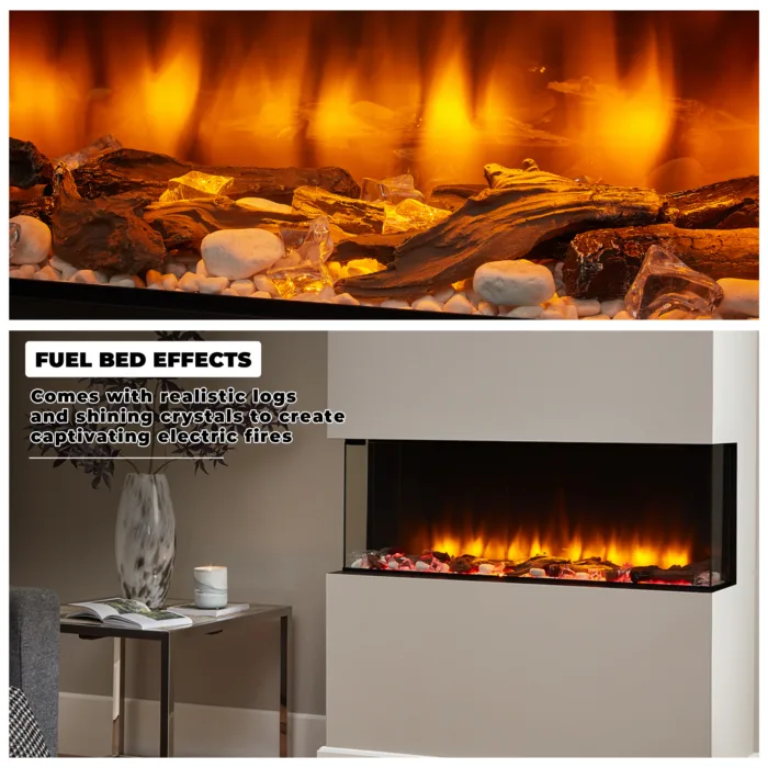 Electric fire fuel bed effects with realistic logs and clear crystals, shown in a modern living room setup for a captivating flame display