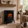 Farlington black LED electric stove with realistic flame effect, glowing log bed, remote control and manual controls
