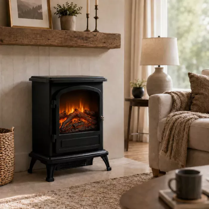 Farlington black LED electric stove with realistic flame effect, glowing log bed, remote control and manual controls