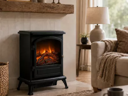 Farlington black LED electric stove with realistic flame effect, glowing log bed, remote control and manual controls