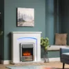 Cayton electric fire and surround featuring the Roxby inset electric fire with realistic flame effect, LED mood lighting, and glowing coal bed in a contemporary living room.