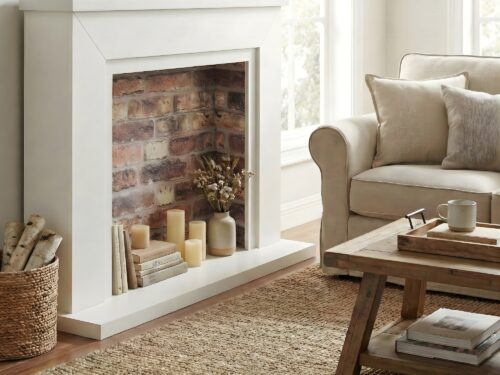 Farlington white mantel with rustic back panel
