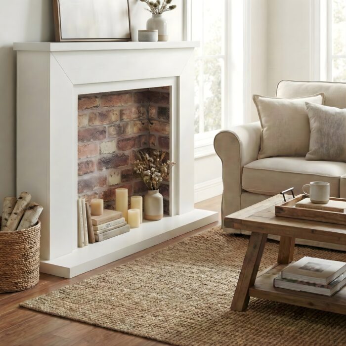 Farlington white mantel with rustic back panel