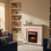 Bempton electric fireplace with white surround, black inset electric fire, colour-changing LED backlighting and realistic flame effect, styled in a cosy living room with sofa and soft lighting.