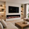2-metre New Hawnby media wall electric fireplace with multicolour flames beneath a TV in a modern living room.