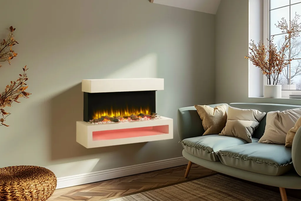 Wall-mounted electric fire with warm flame and LED lighting.