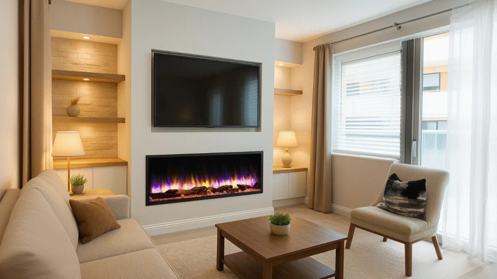 Modern living room with Ne Hawnby built-in electric fireplace and wall-mounted TV.