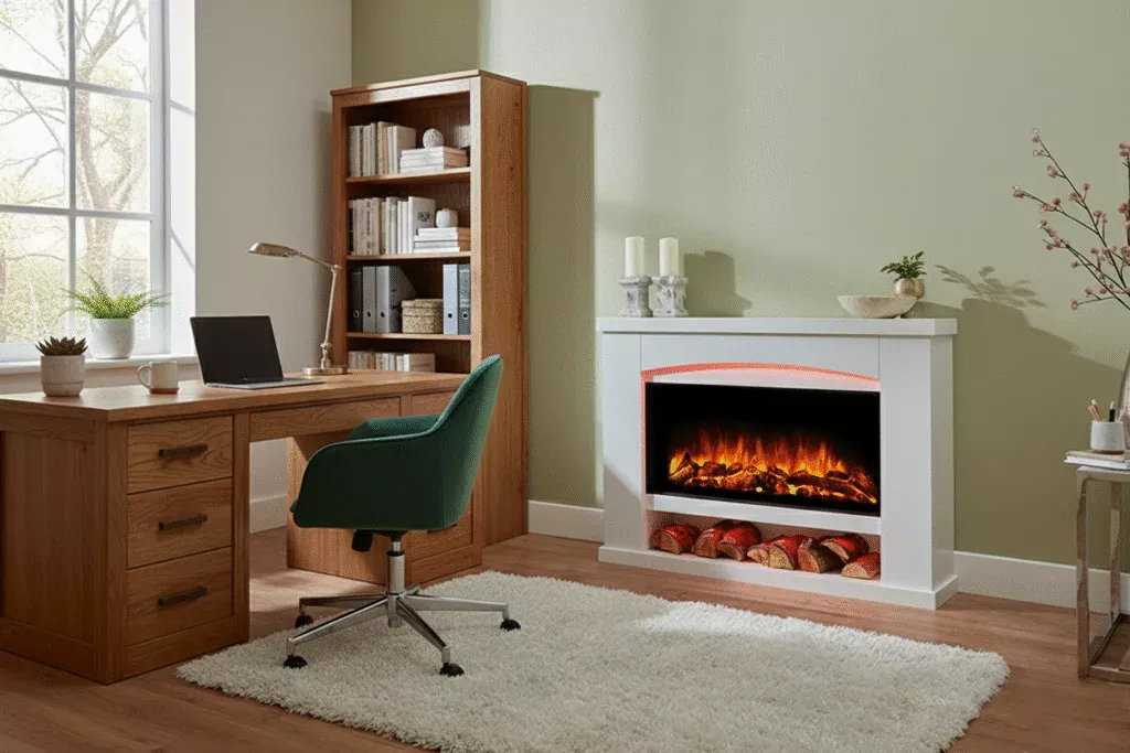 Modern home office with wall-mounted Danby electric fire and surround – Endeavour Fires.