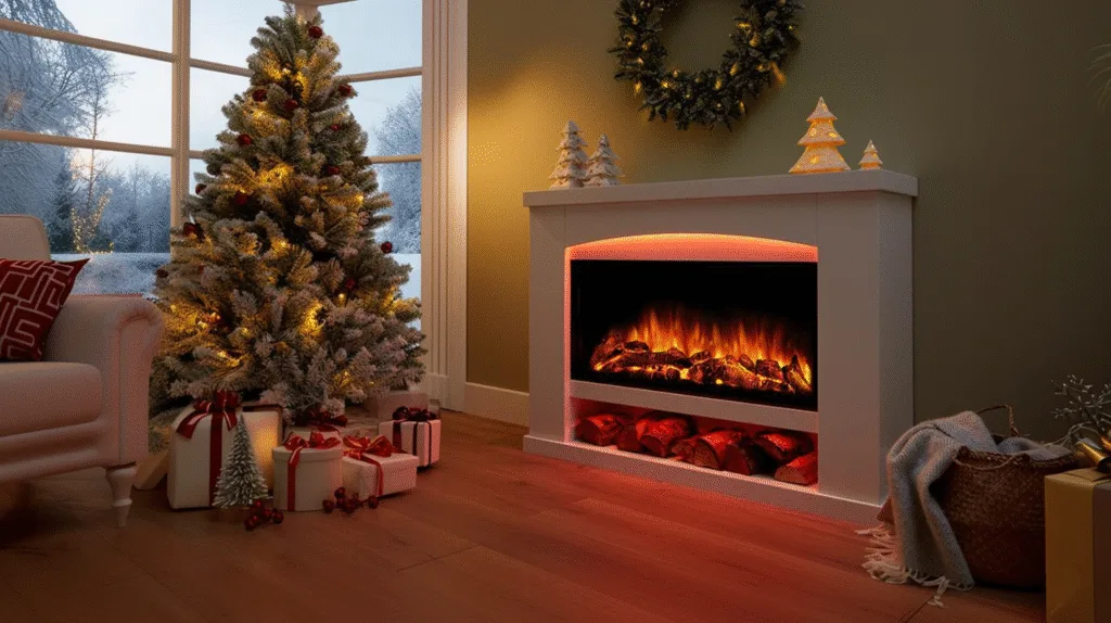 Duggleby electric fireplace suite with LED mood lighting in a cosy Christmas living room.