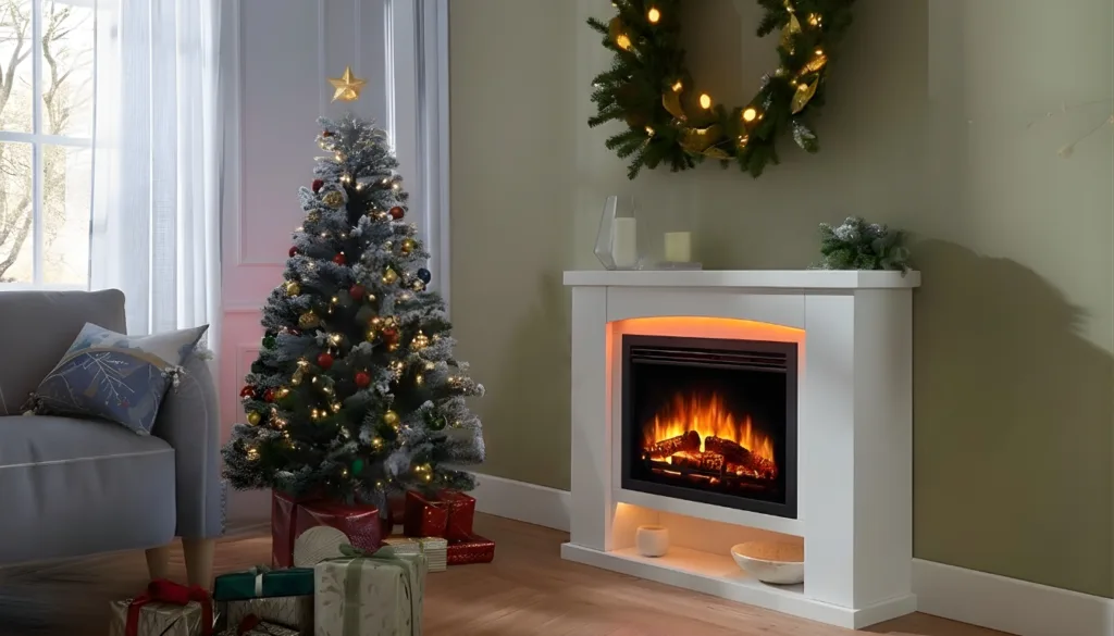 Ebberston electric fireplace with LED mood lighting in a cosy Christmas living room.