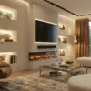 Rosedale media wall electric fire with realistic flame effect beneath a wall-mounted TV, set in a modern luxury living room with built-in shelving and warm LED ambient lighting.