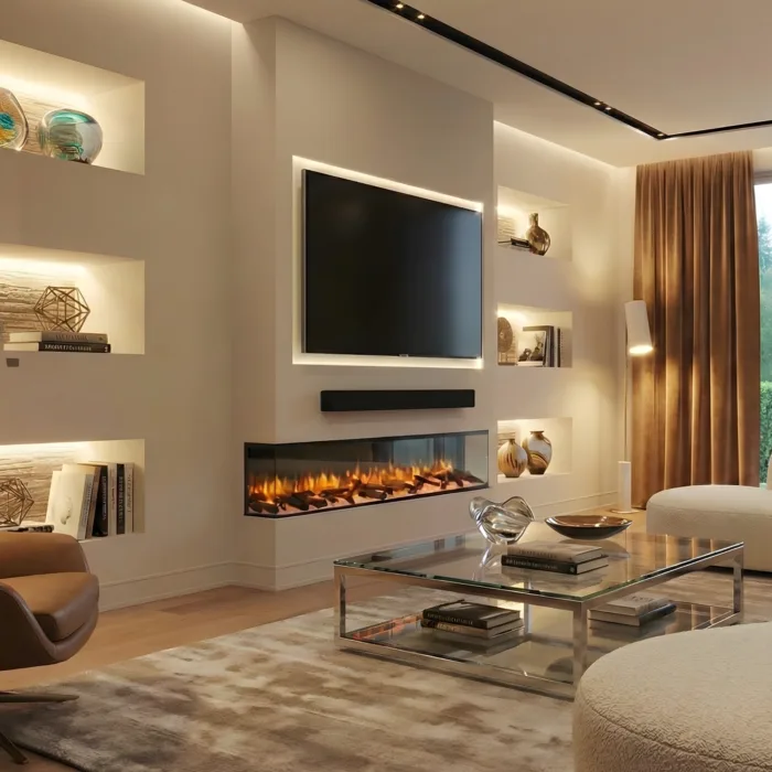 Rosedale media wall electric fire with realistic flame effect beneath a wall-mounted TV, set in a modern luxury living room with built-in shelving and warm LED ambient lighting.